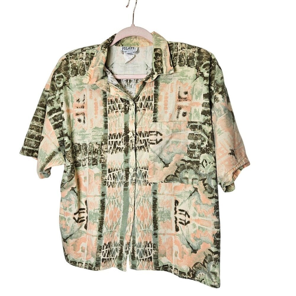 Vintage Filati Button-Up Shirt L Abstract Green Peach Pattern Cotton Made in USA